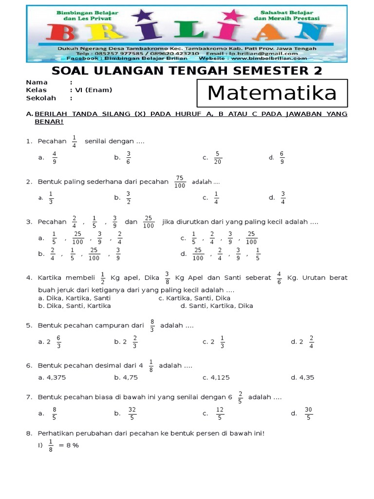 Soal Uts Matematika Kelas 6 Semester 2 Dan Kunci Jawabannya Dalchaebi