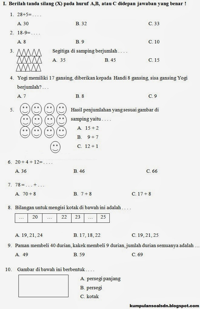 104 Prediksi Matematika Kelas 1 SD UKK Semester 2 TA 2013 2014