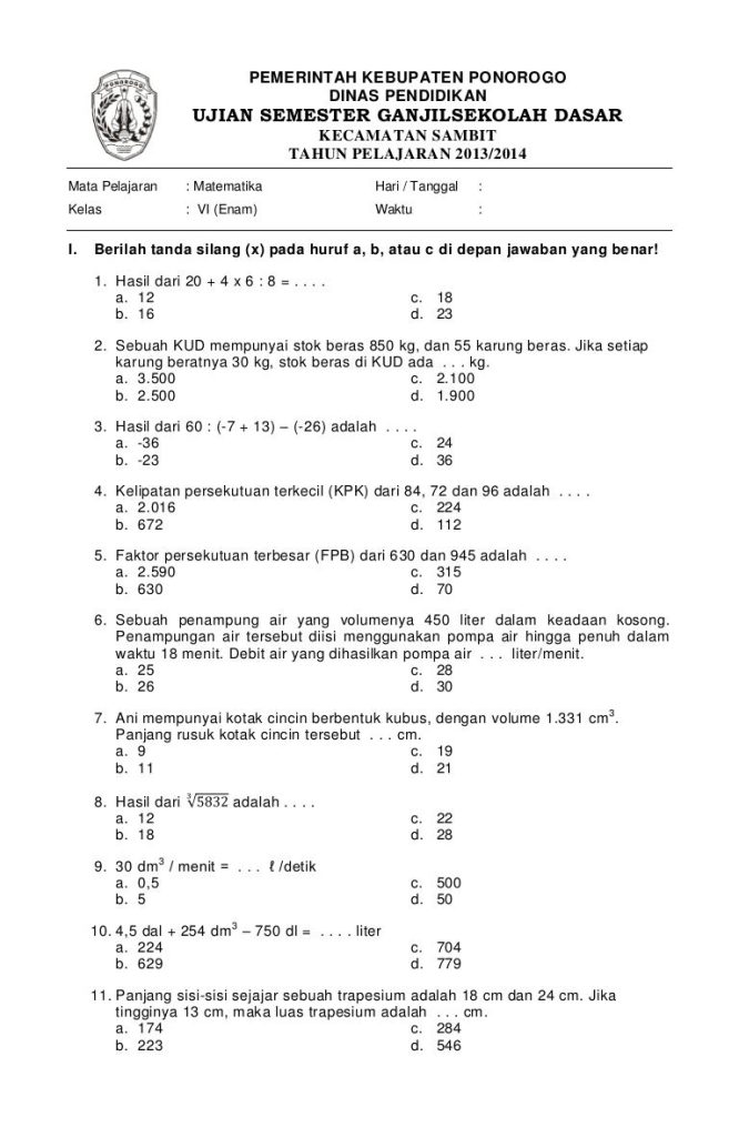 soal soal uts kelas 4 semester 1